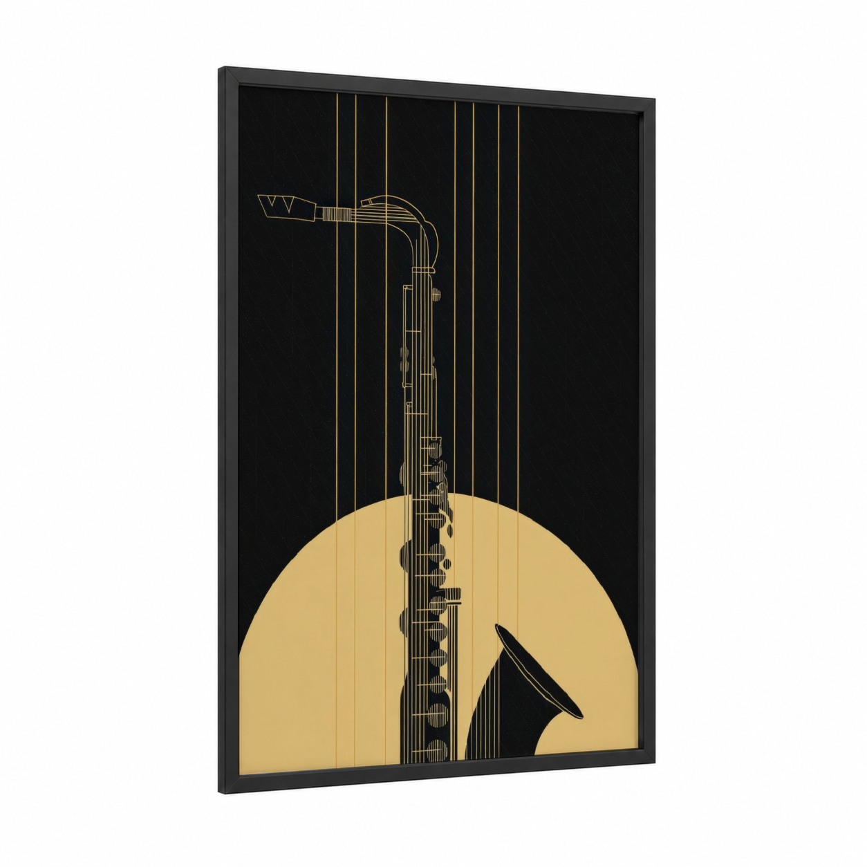Golden Saxophone framed art print — black wood frame — gold and black palette