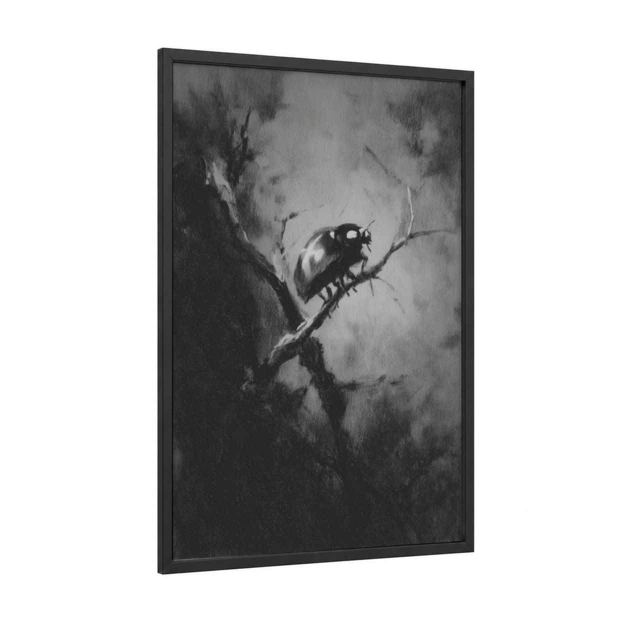 Contemplative Ladybug framed art print — black wood frame — black and white and gray palette