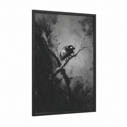 Contemplative Ladybug framed art print — black wood frame — black and white and gray palette