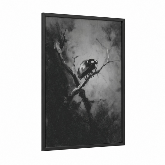 Contemplative Ladybug framed art print — black wood frame — black and white and gray palette