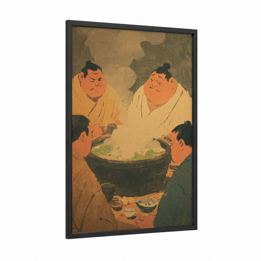 Sumo Feast framed art print — black wood frame — gold and green palette