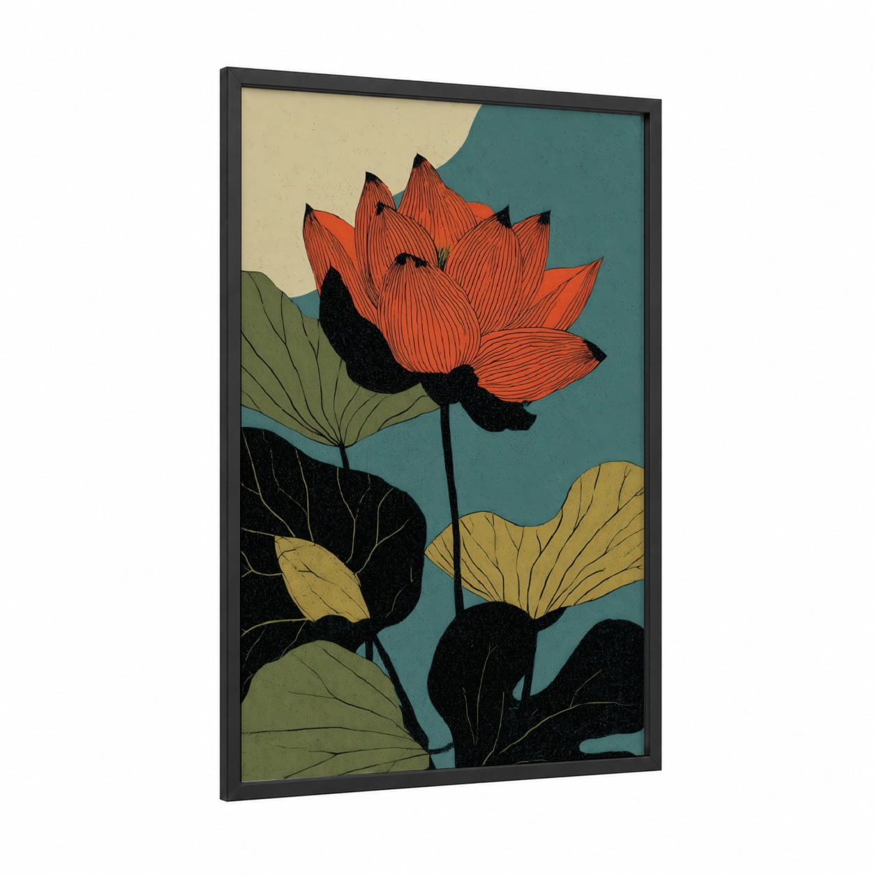 Coral Lotus Bloom framed art print — black wood frame — teal and orange palette