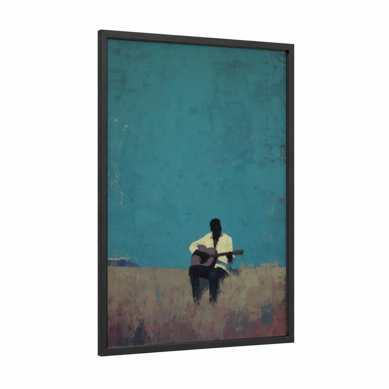 Solitary Blues Musician framed art print — black wood frame — teal and beige palette