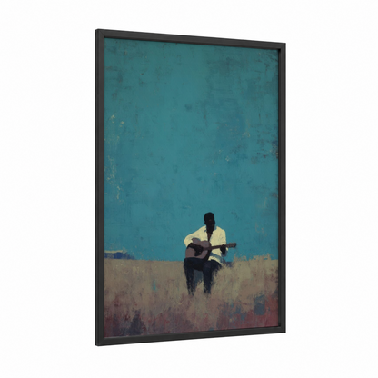 Solitary Blues Musician framed art print — black wood frame — teal and beige palette