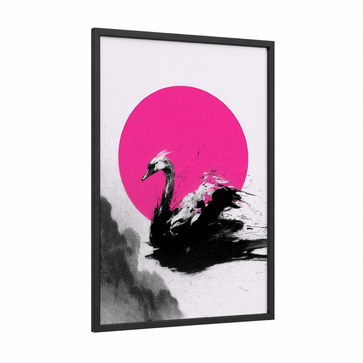 Magenta Swan framed art print — black wood frame — magenta and black and white palette