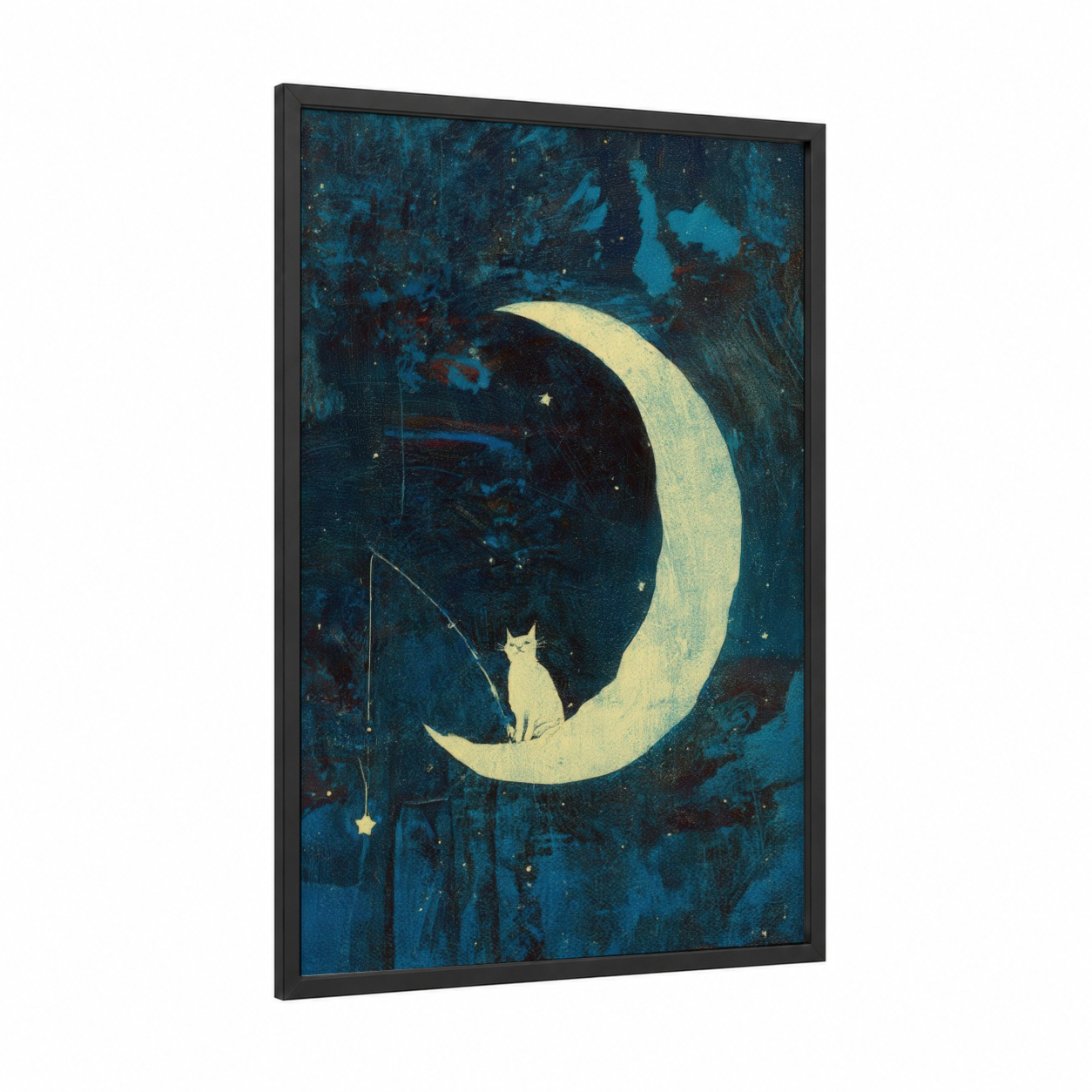 Moonlit Fishing Cat framed art print — black wood frame — teal and gold palette