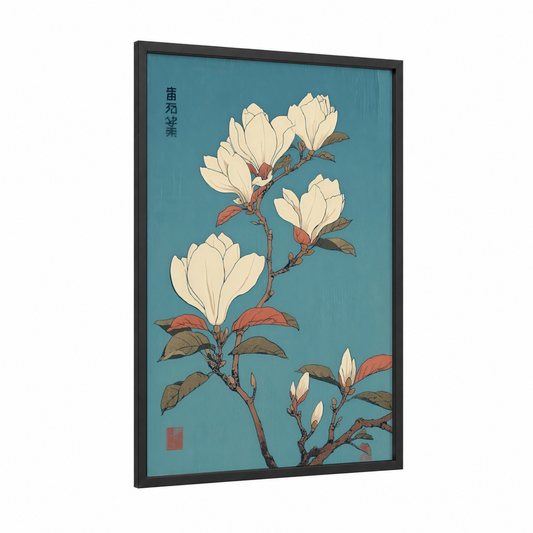 Cream Magnolia Branch framed art print — black wood frame — teal and cream palette