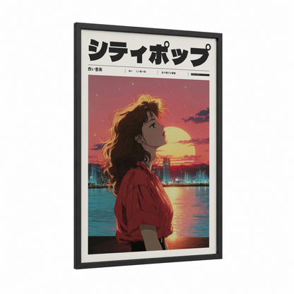 Sunset Dreamer framed anime and manga print — black wood frame — gold and magenta palette