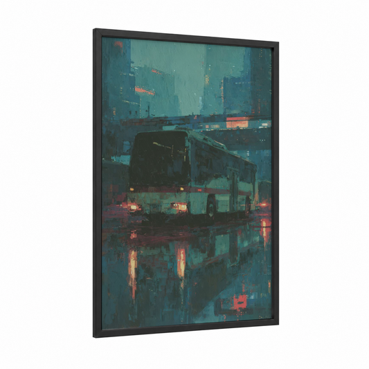 Neon Night Bus framed art print — black wood frame — teal and red palette