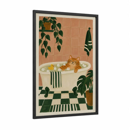 Orange Cat Relaxing in Bath Wall Art framed art print — black wood frame — beige and true green palette