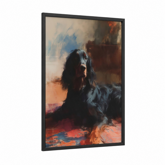Contemplative Setter framed art print — black wood frame — russet and blue palette
