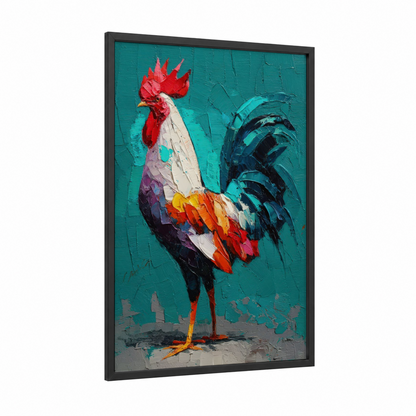Turquoise Rooster framed chicken and roosters print — black wood frame — teal and red palette