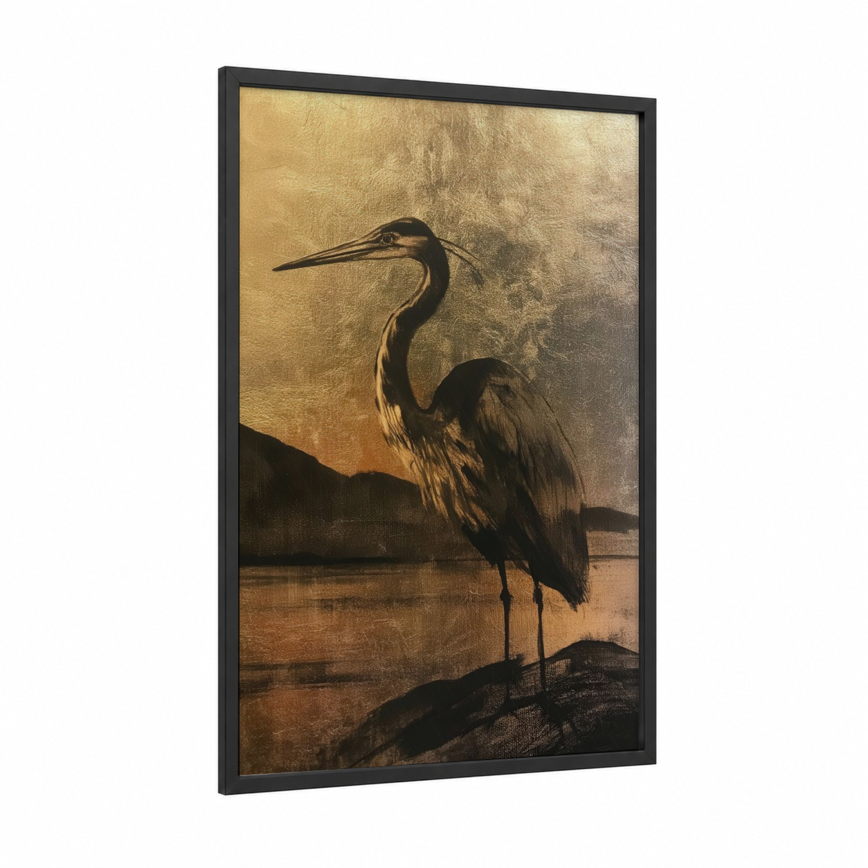 Golden Heron Silhouette framed art print — black wood frame — gold and black and gold palette