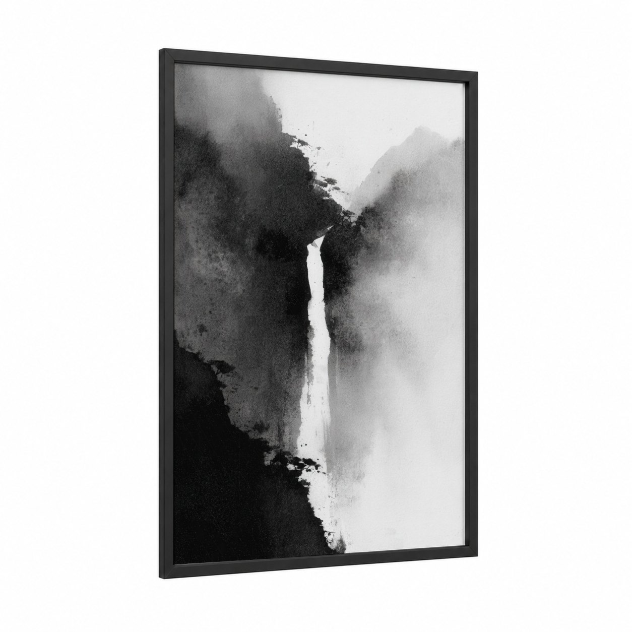 Misty Waterfall framed art print — black wood frame — black and white palette