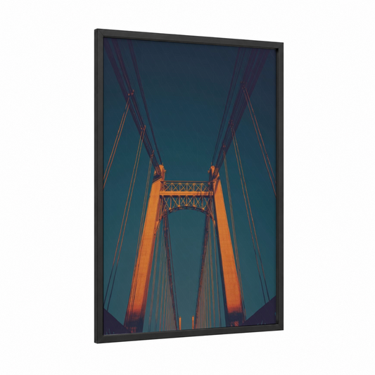 Golden Suspension Bridge framed bridges print — black wood frame — gold and blue palette