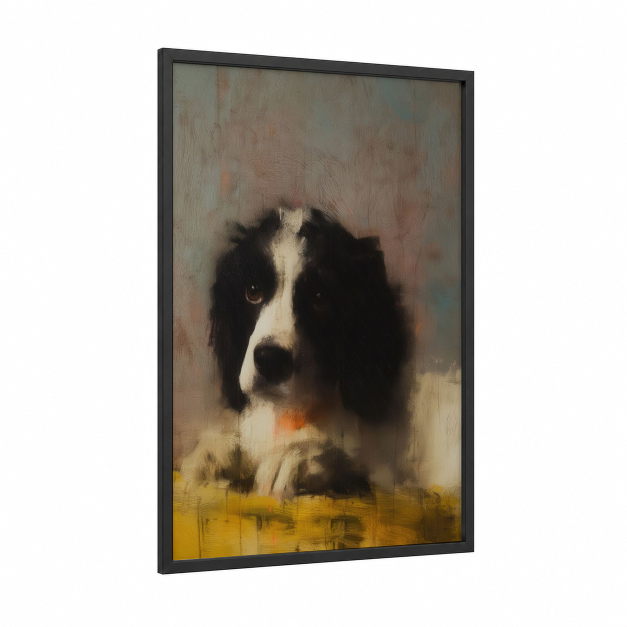 Contemplative Spaniel framed art print — black wood frame — black and white and gold palette