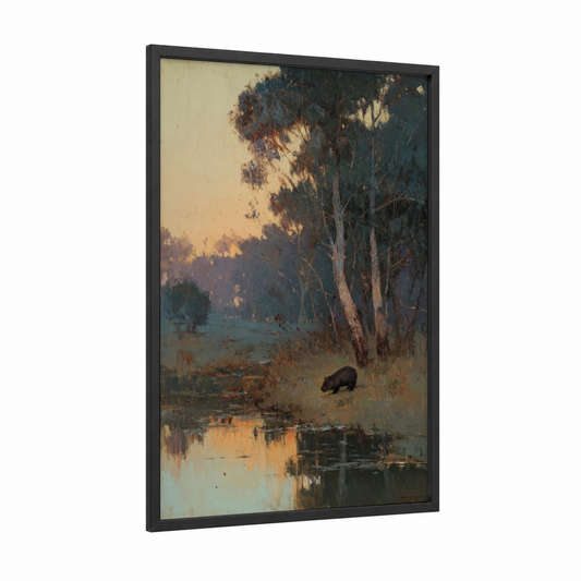 Riverside Wombat framed art print — black wood frame — gold and olive palette