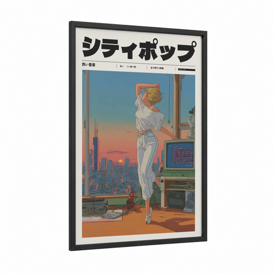 Sunset Apartment framed anime and manga print — black wood frame — orange and blue palette