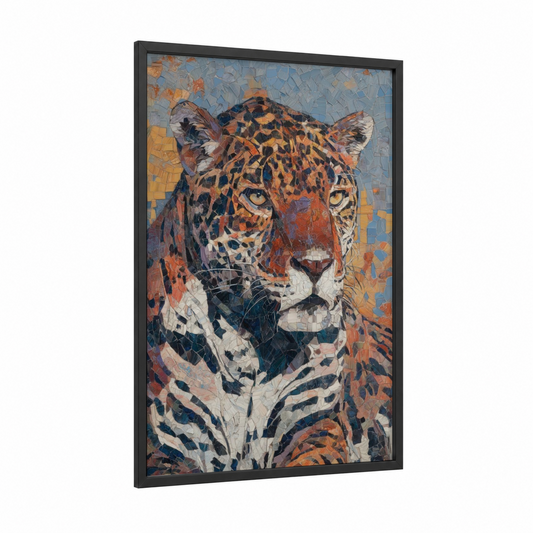 Golden Jaguar framed art print — black wood frame — gold and blue and gold palette