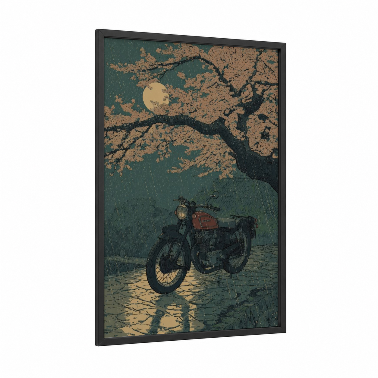Rainy Nostalgia framed vintage motorcycle print — black wood frame — teal and gold palette