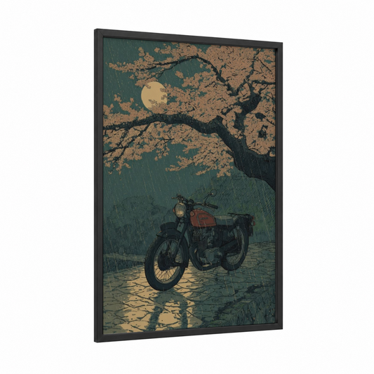 Rainy Nostalgia framed vintage motorcycle print — black wood frame — teal and gold palette