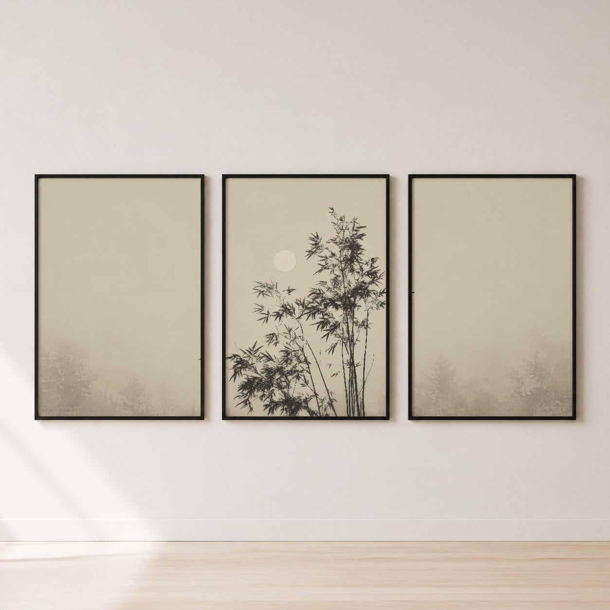 Japanese Bamboo Moon Triptych Wall Art Set — set hero
