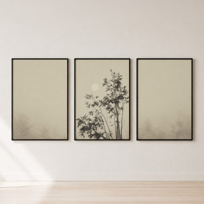 Japanese Bamboo Moon Triptych Wall Art Set — set hero