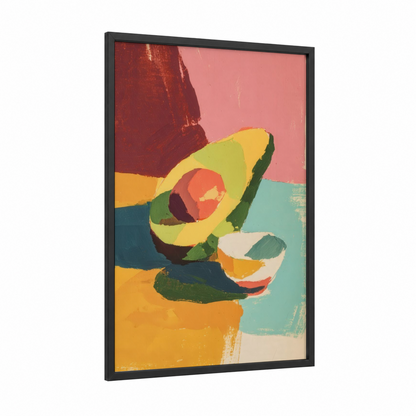 Pop Art Avocado framed vegetable print — black wood frame — yellow gold and teal palette