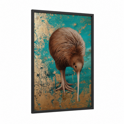 Curious Kiwi framed art print — black wood frame — teal and cream palette