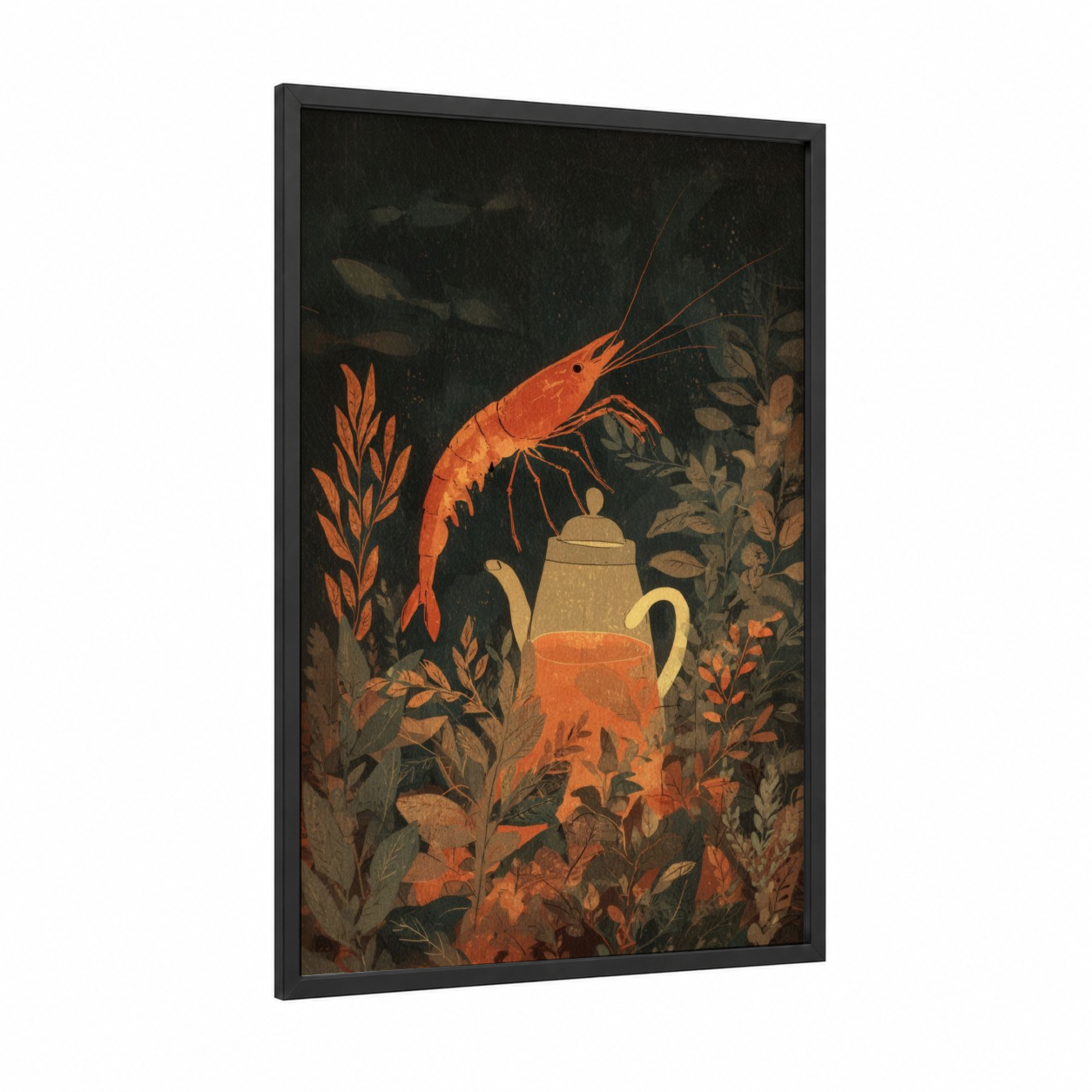 Orange Shrimp Tea framed art print — black wood frame — orange and sage green palette