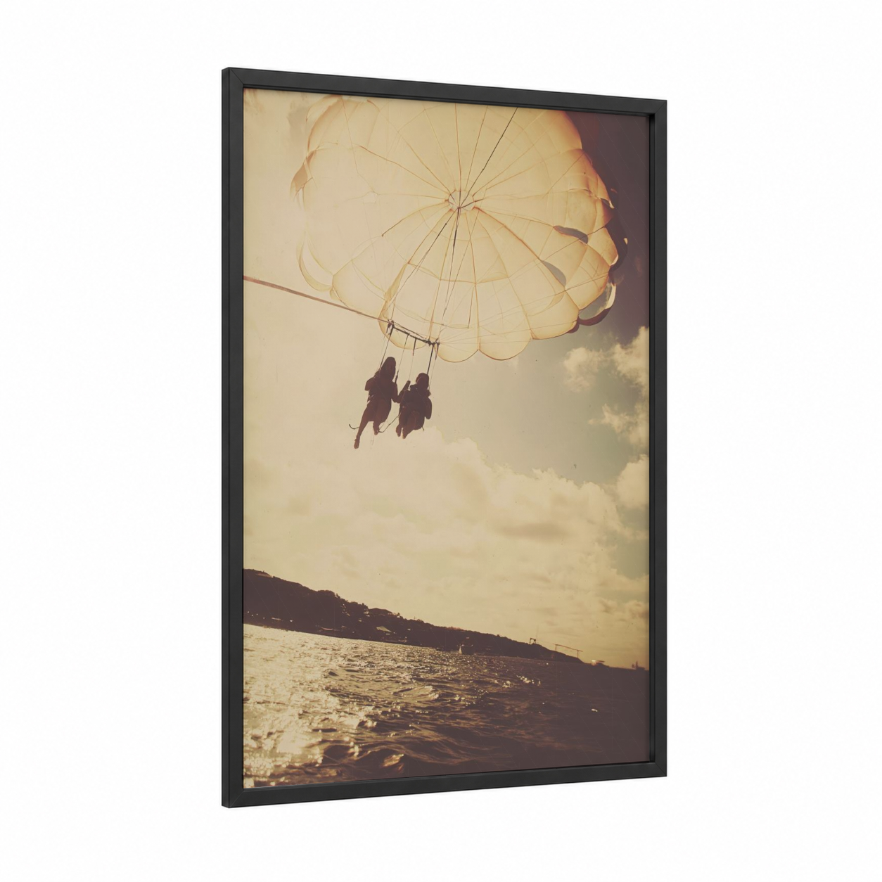 Golden Parasailing framed art print — black wood frame — gold and cream palette