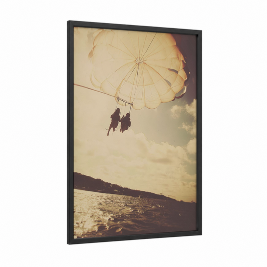 Golden Parasailing framed art print — black wood frame — gold and cream palette