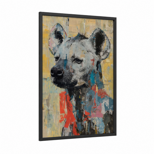 Abstract Hyena framed art print — black wood frame — gold and teal palette