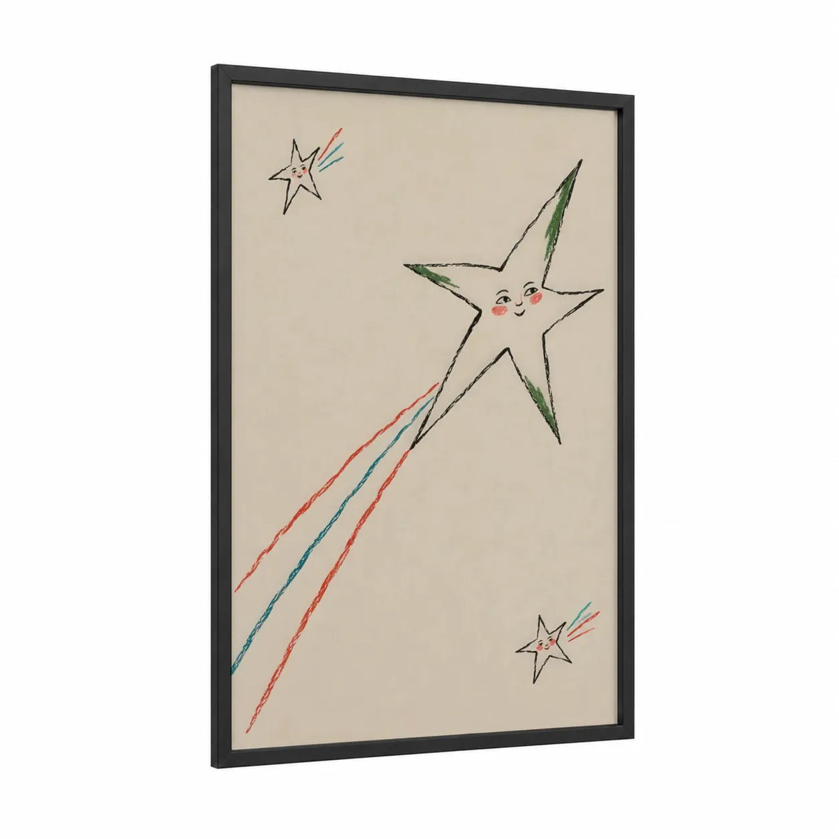 Whimsical Shooting Star Wall Art framed art print — black wood frame — cream and peach palette
