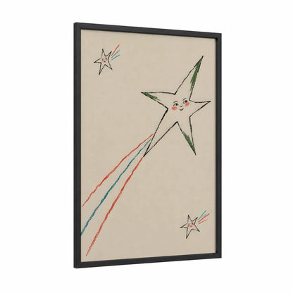 Whimsical Shooting Star Wall Art framed art print — black wood frame — cream and peach palette