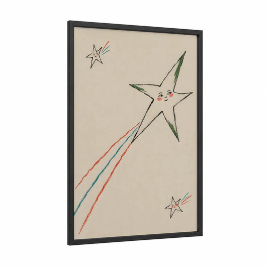 Whimsical Shooting Star Wall Art framed art print — black wood frame — cream and peach palette