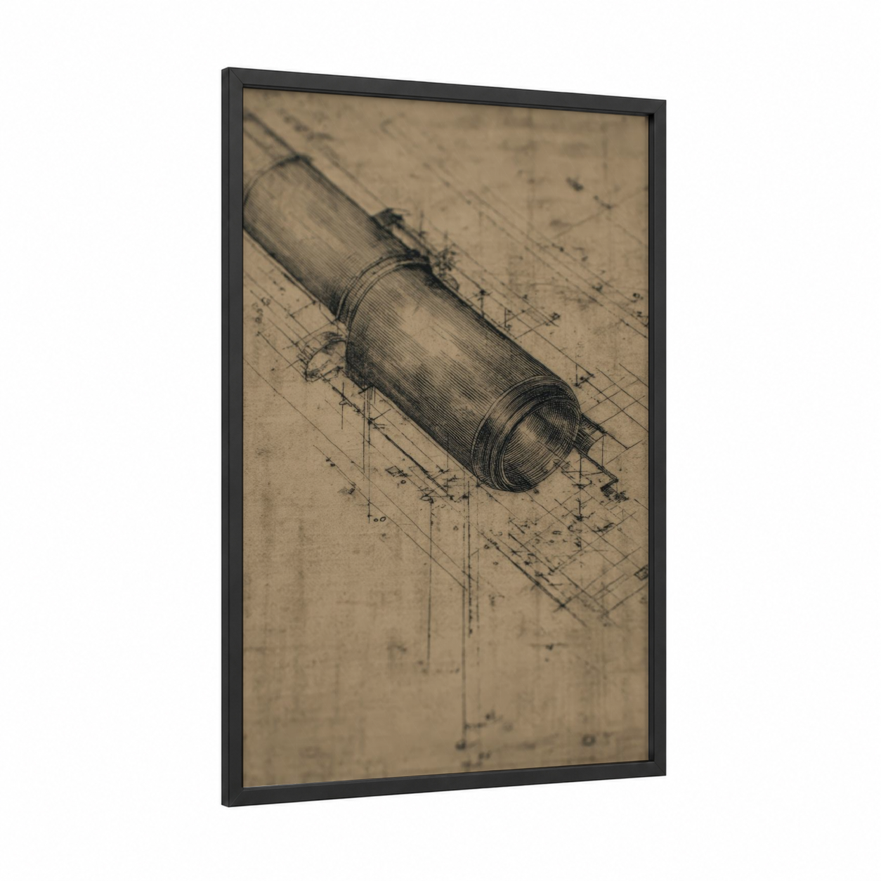 Blueprint Spyglass framed art print — black wood frame — black and beige palette