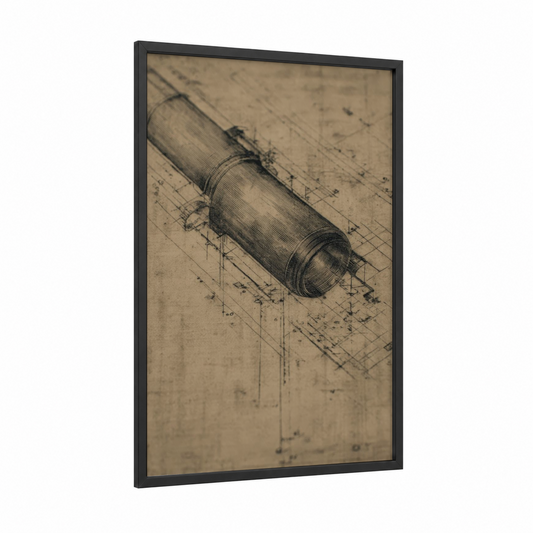 Blueprint Spyglass framed art print — black wood frame — black and beige palette