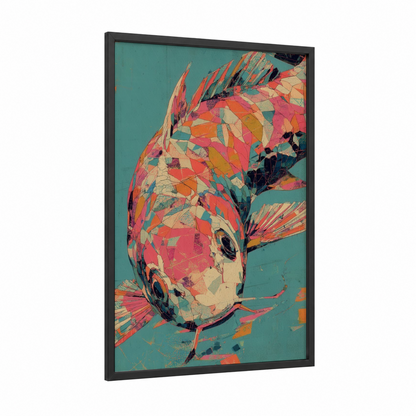 Mosaic Koi Fish framed art print — black wood frame — orange and teal palette