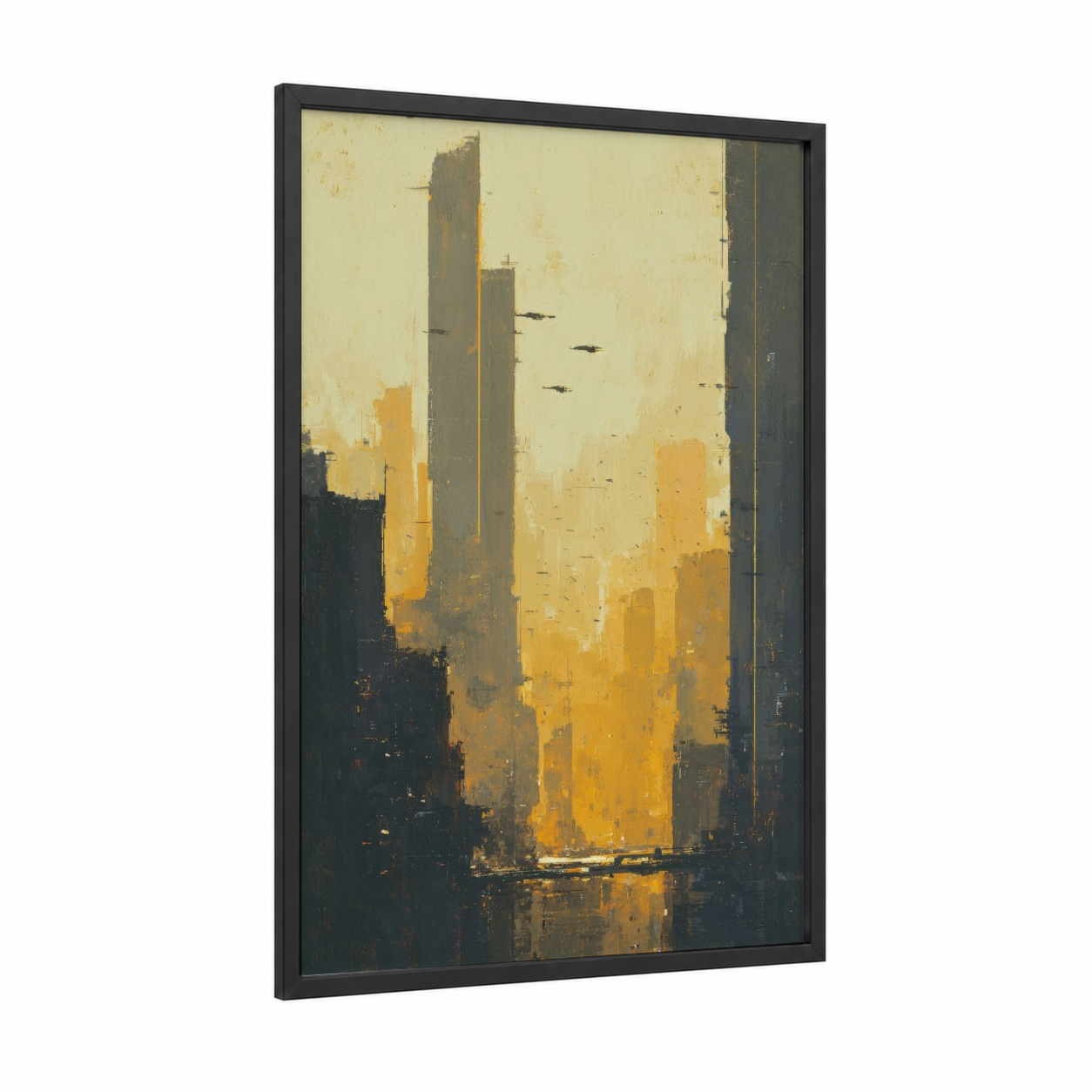 Golden Skyline framed sci-fi print — black wood frame — gold and gray palette
