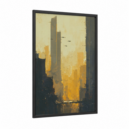 Golden Skyline framed sci-fi print — black wood frame — gold and gray palette