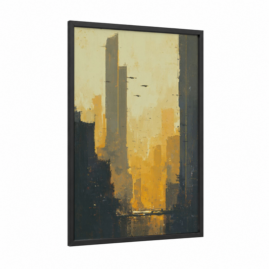 Golden Skyline framed sci-fi print — black wood frame — gold and gray palette