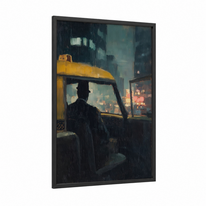 Rainy Taxi Driver framed taxi cab print — black wood frame — yellow gold and blue and gray palette