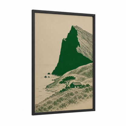 Japanese Mountain Cottage Landscape Wall Art framed art print — black wood frame — true green and beige palette