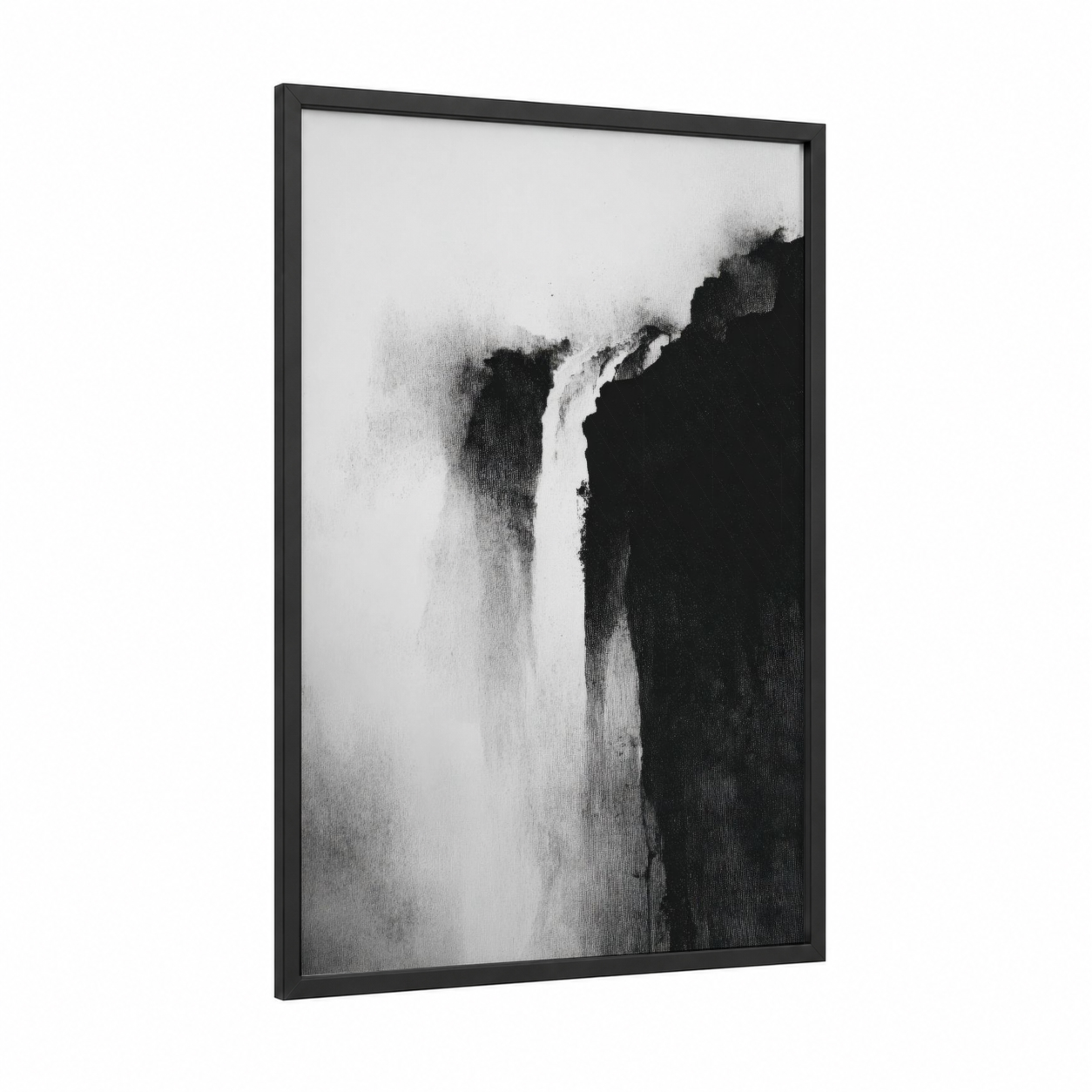 Misty Waterfall framed art print — black wood frame — black and white palette