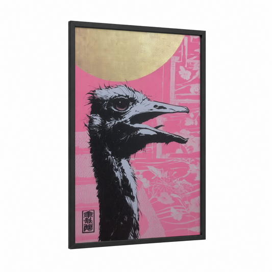 Pink Ostrich Profile framed art print — black wood frame — magenta and black and white palette
