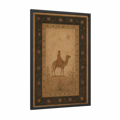 Islamic Camel Rider Desert Wall Art framed art print — black wood frame — beige and brown palette