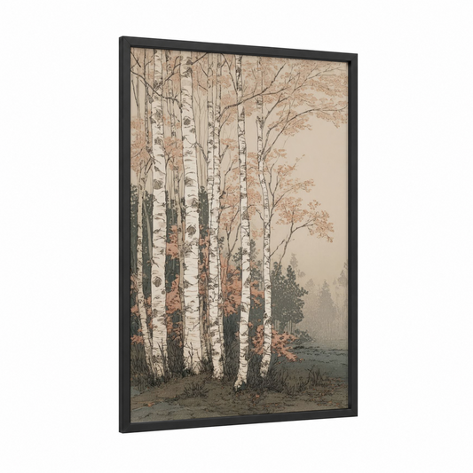 Misty Birch Forest framed birch tree print — black wood frame — beige and sage green palette