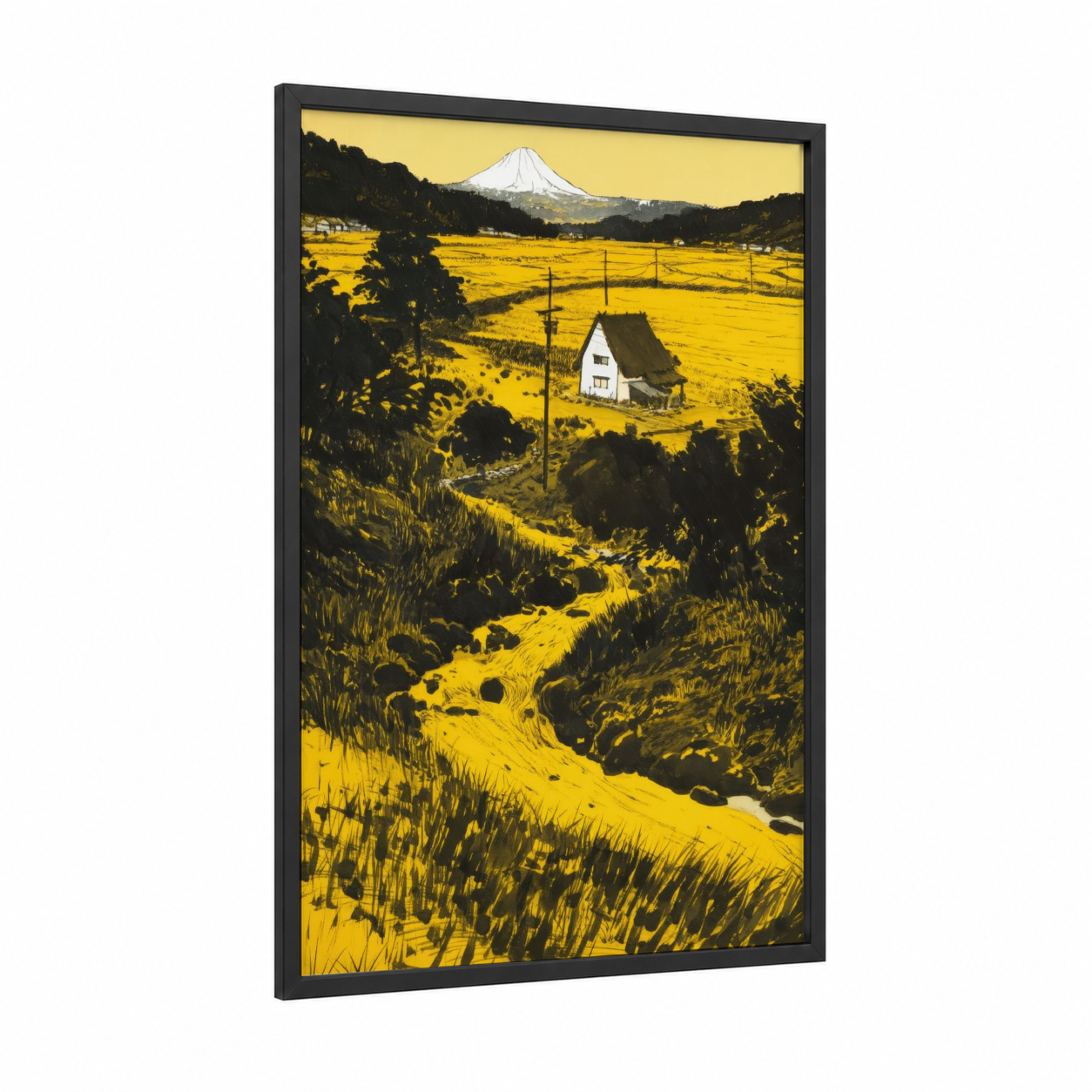 Mount Fuji Homestead framed various landscapes print — black wood frame — yellow gold and black palette