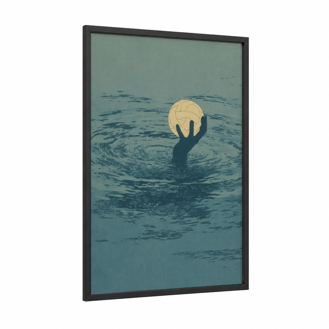 Moonlit Water Polo framed art print — black wood frame — teal and dark blue palette